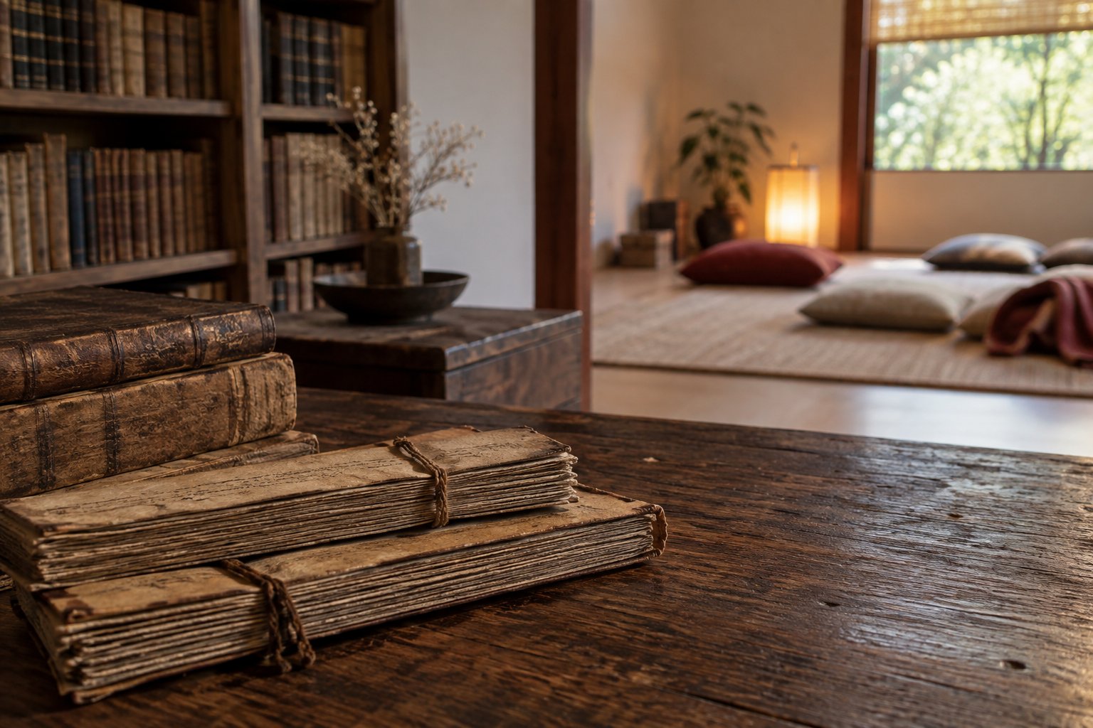 Old manuscript folios on a library table, with a modern room in the background.
Illustrative artwork, not a photograph of a specific Tantric manuscript. Old manuscript folios on a library table, with a modern room in the background.