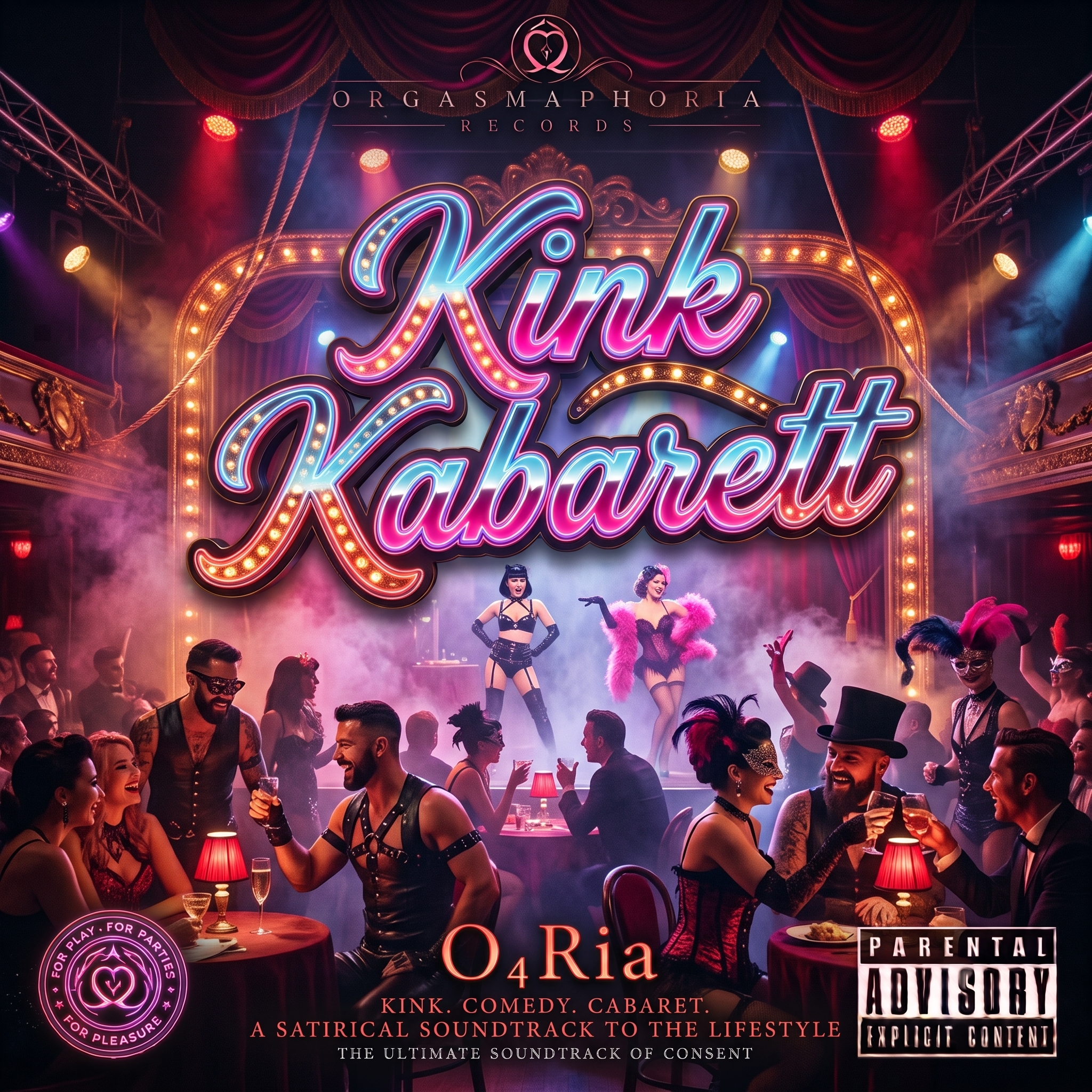 Official Kink Kabarett album cover with neon lettering, red theatre curtains, cabaret performers and a masked audience.