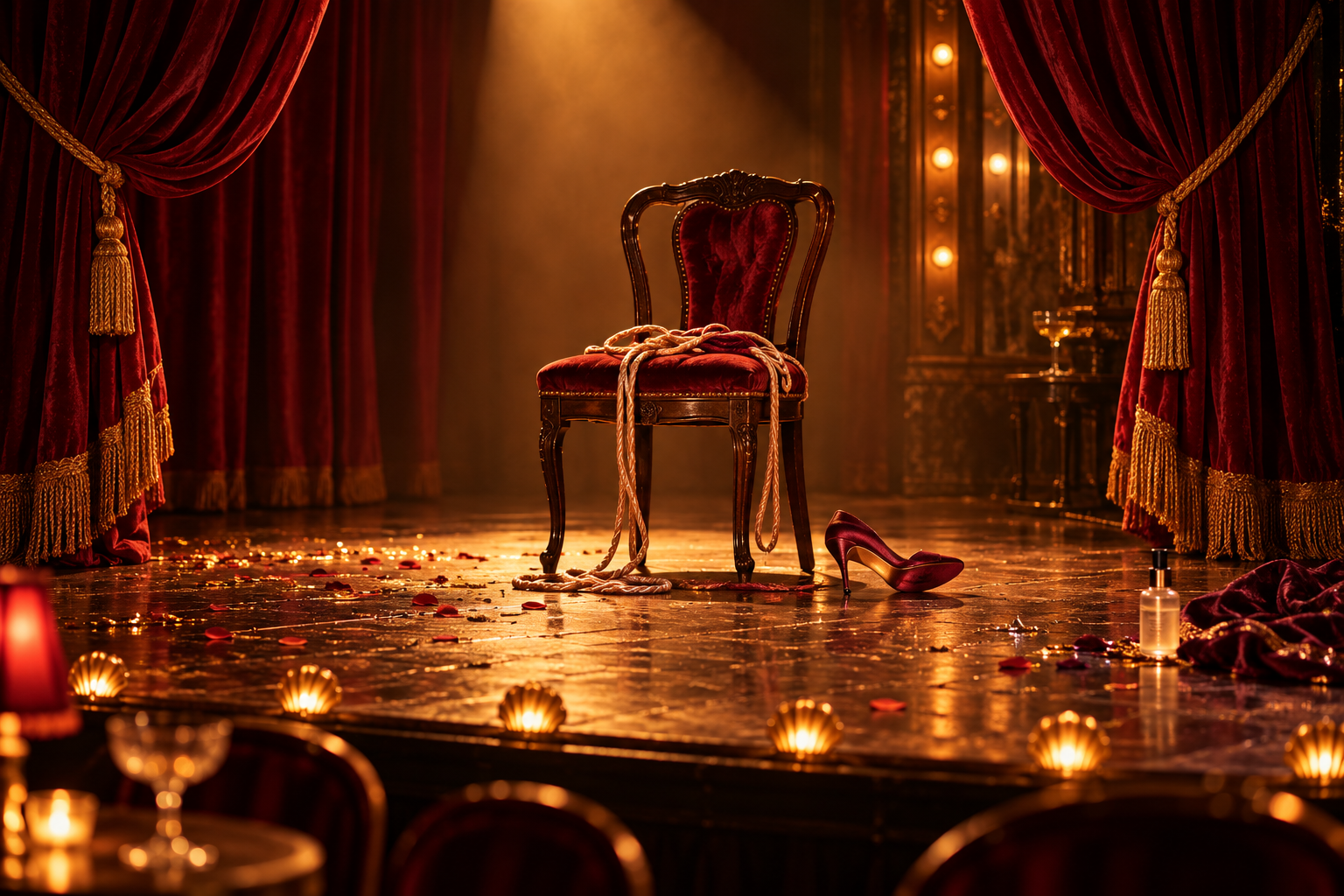 An empty cabaret stage under amber light, with velvet curtains, loosely tangled rope on a chair, a tipped heel and scattered confetti.