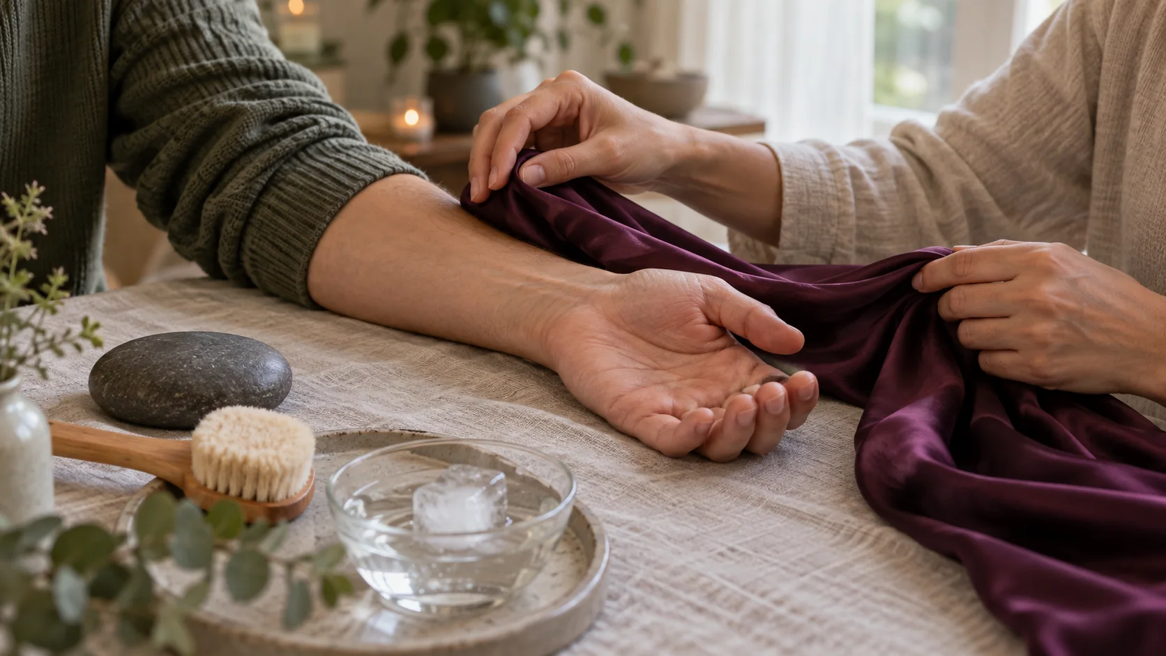 One adult trails a plum silk scarf across another adult’s forearm beside a soft brush, smooth stone, and melting ice.