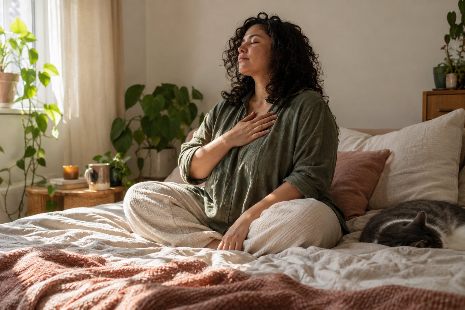 An adult seated on a sunlit bed with one hand over their chest and a cat nearby.