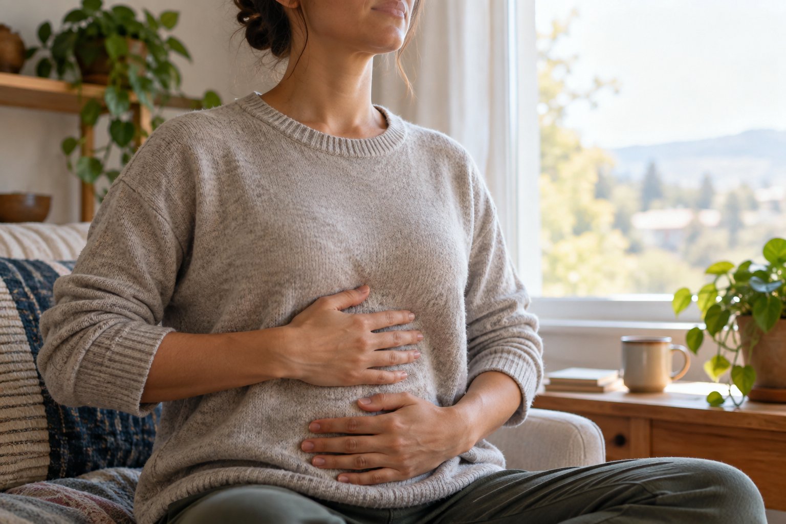 A seated adult in a sweater rests their hands on their ribs and abdomen. A seated adult in a sweater rests their hands on their ribs and abdomen.