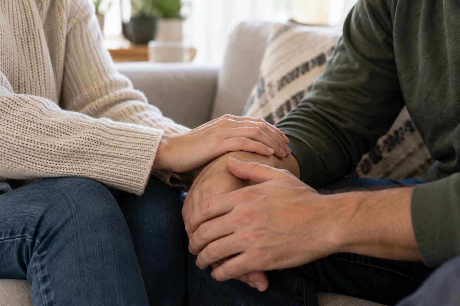 One adult gently rests a hand on another adult’s forearm.
