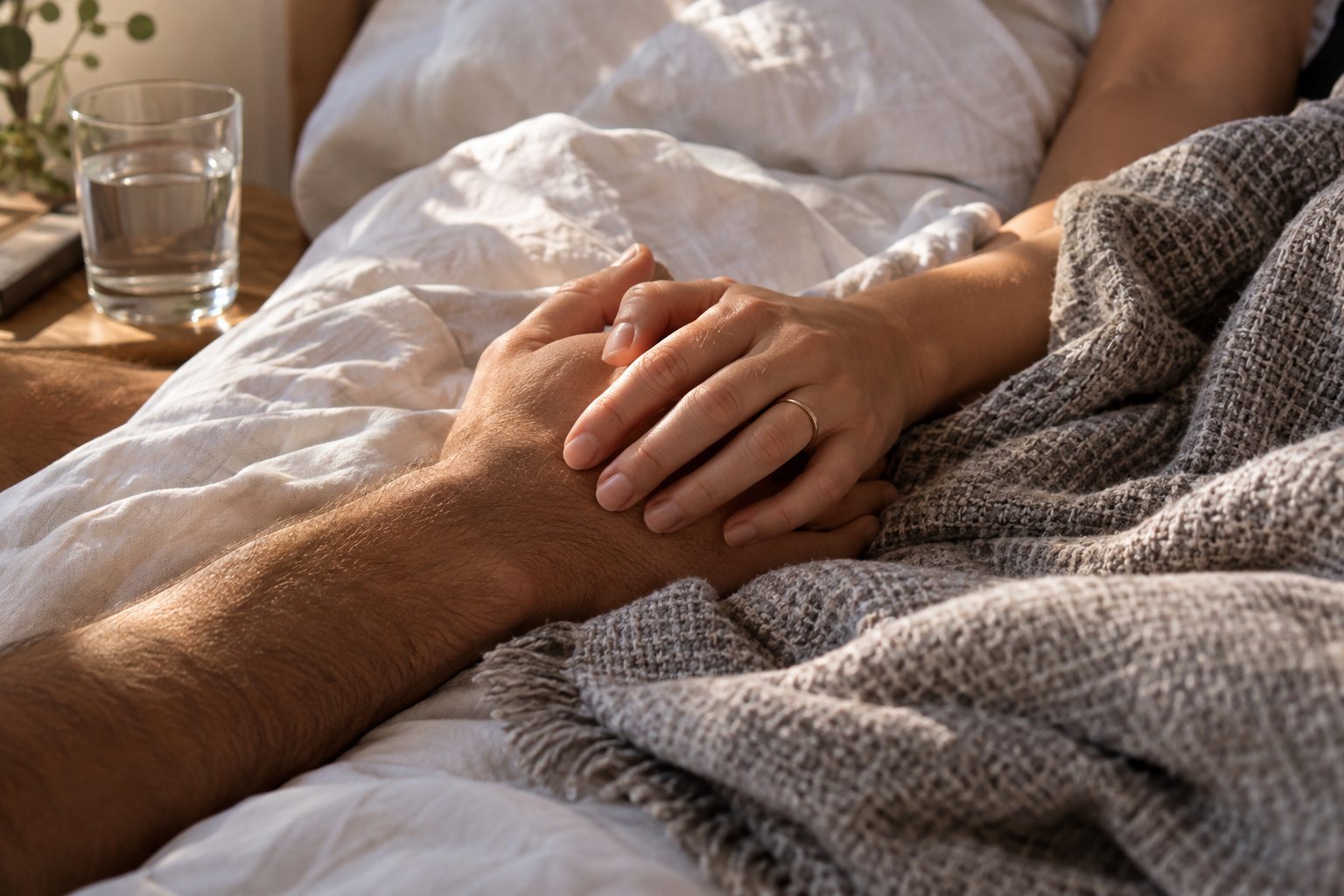 One person rests a hand on another person’s hand beside a blanket and a glass of water.