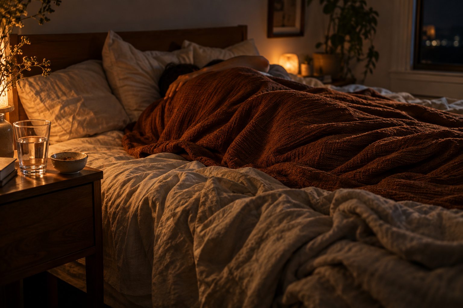 Two people resting beneath a rust-colored blanket in a warmly lit bedroom, with water and a small bowl nearby.