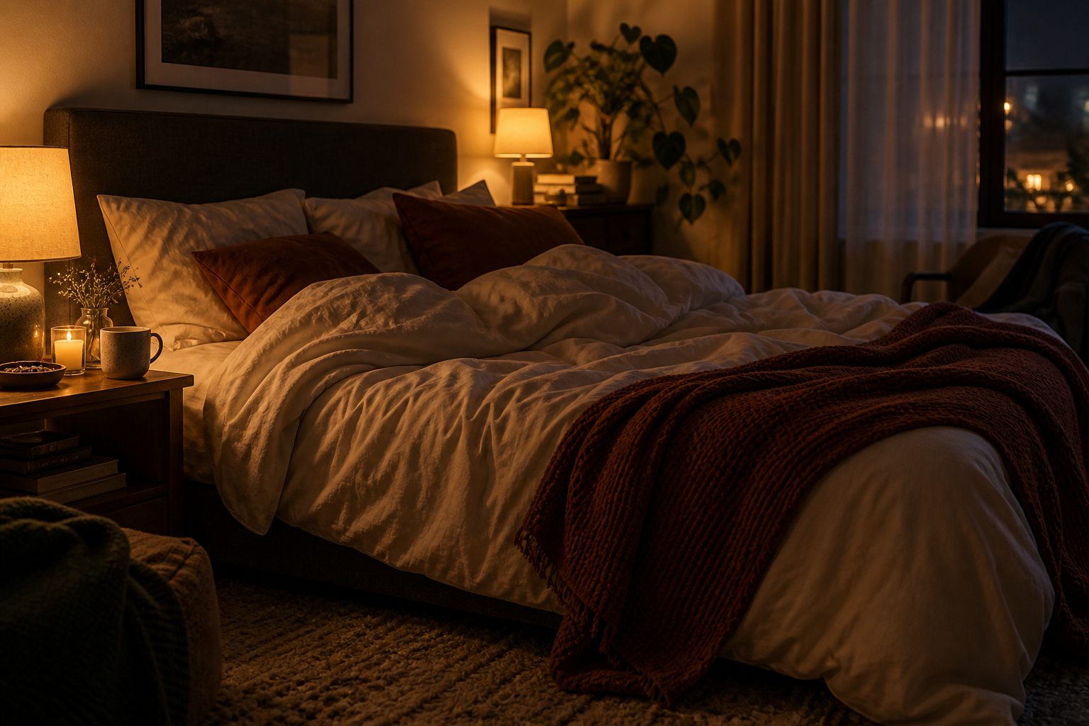 A softly lit bedroom with rumpled bedding, a warm blanket, and curtains drawn against the night.