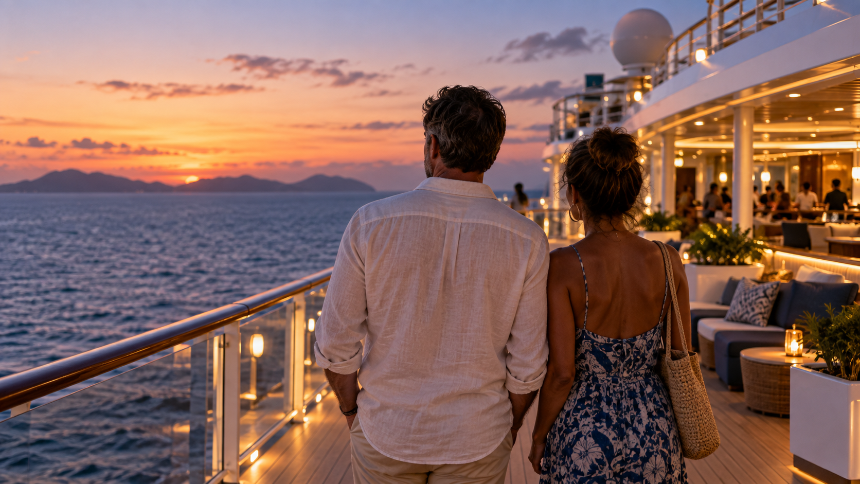 Two adult travelers look toward the sea from a cruise ship promenade at sunset. Two adult travelers look toward the sea from a cruise ship promenade at sunset.