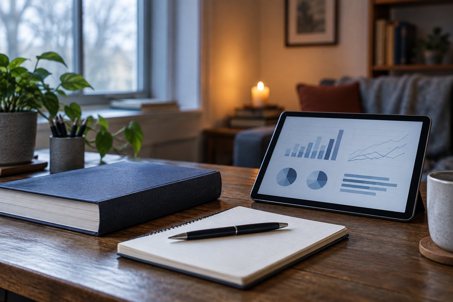 A notebook and tablet display unlabeled illustrative charts on a desk.