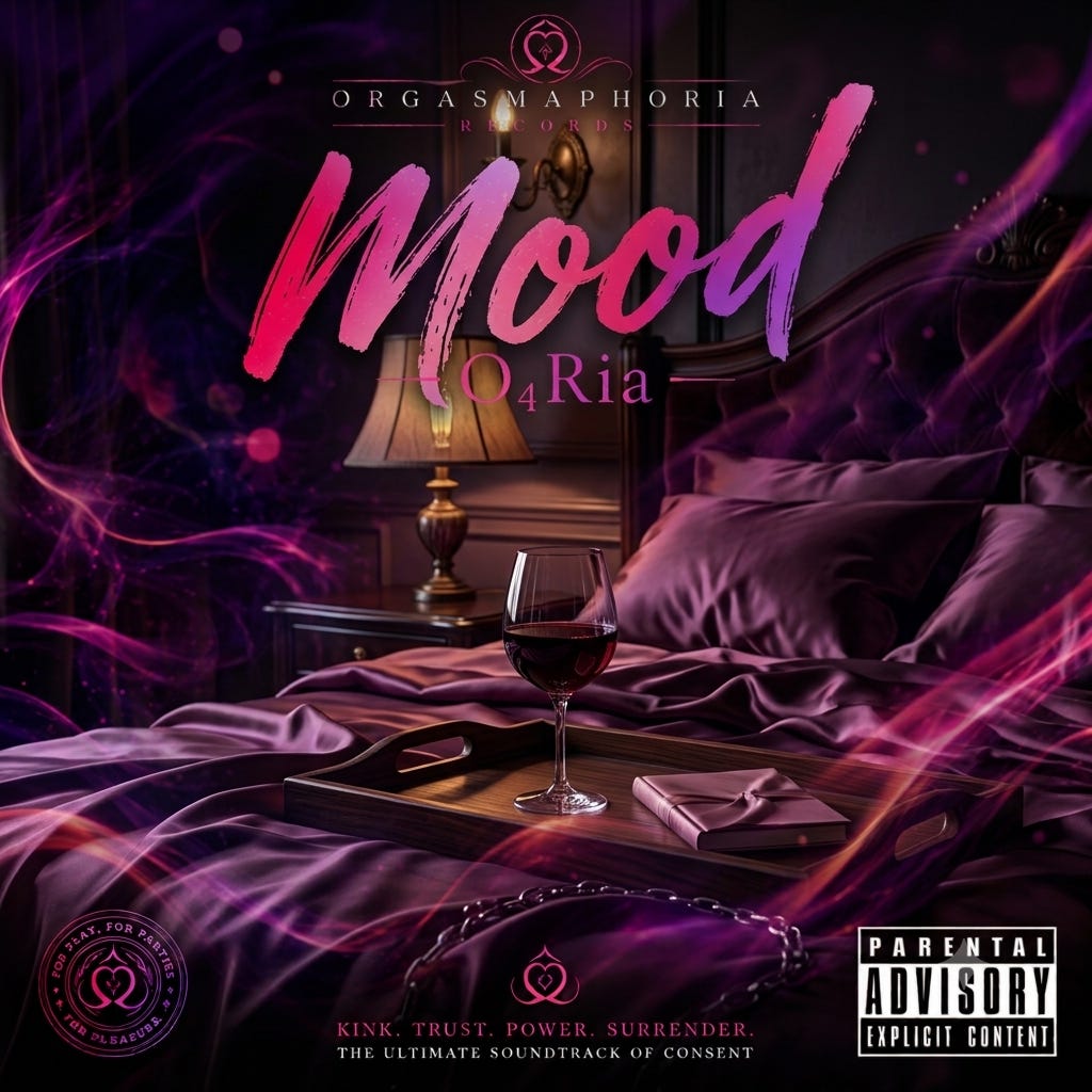 Mood album cover with a purple bedroom scene and the O₄Ria title