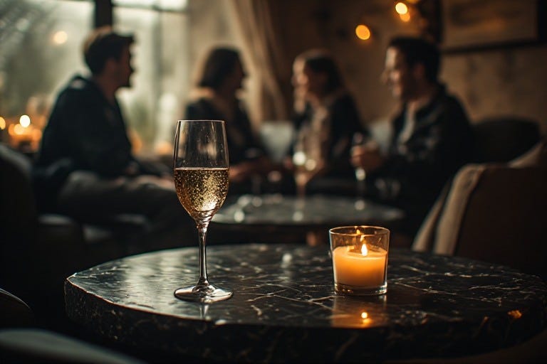 Champagne glass and candle on a table with four people talking in the background Champagne glass and candle on a table with four people talking in the background
